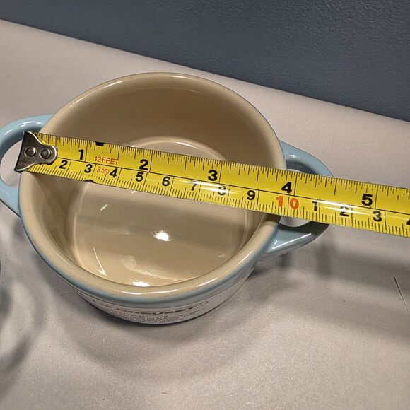 Pair Le Creuset 2 Pc Set Mini Round Cocotte Sky Blue Stoneware Pots with Lids - Picture 10 of 11